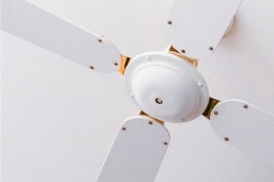 A white ceiling fan; something that can be used to save on your air conditioning bill. 