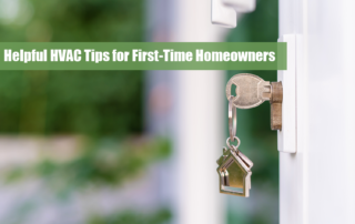 A silver key with a house charm opening a white door to a home; a homeowner ready for HVAC tips.