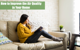 A woman sitting on a beige couch reading a book in a room with great indoor air quality.