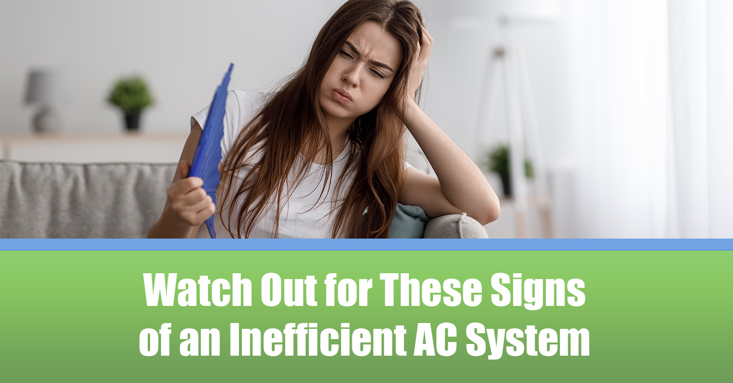 A woman sitting in her home with a fan, dealing with an inefficient AC system.